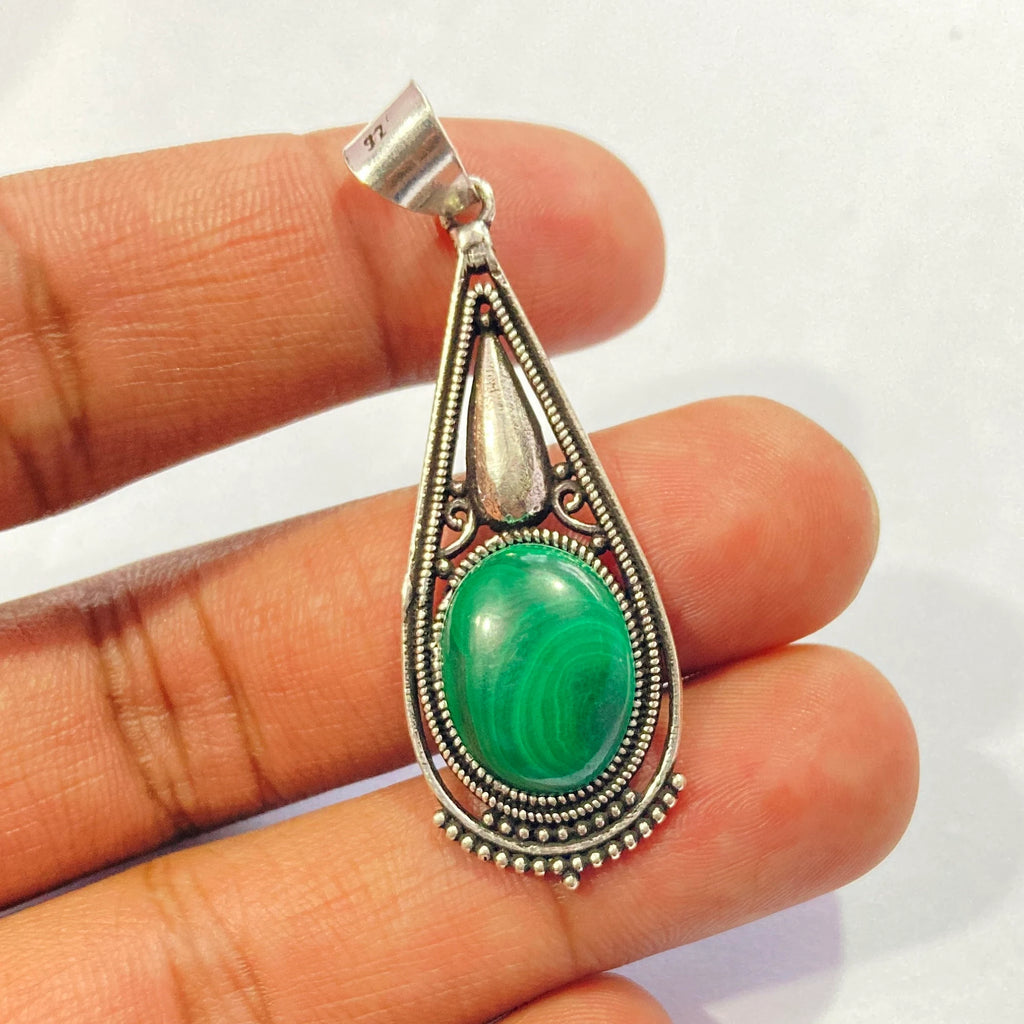 Natural Malachite Silver Pendant - 925 Sterling Silver Pendant - Designer Smooth Gemstone Pendant - Handcrafted Jewelry - Gift For Her