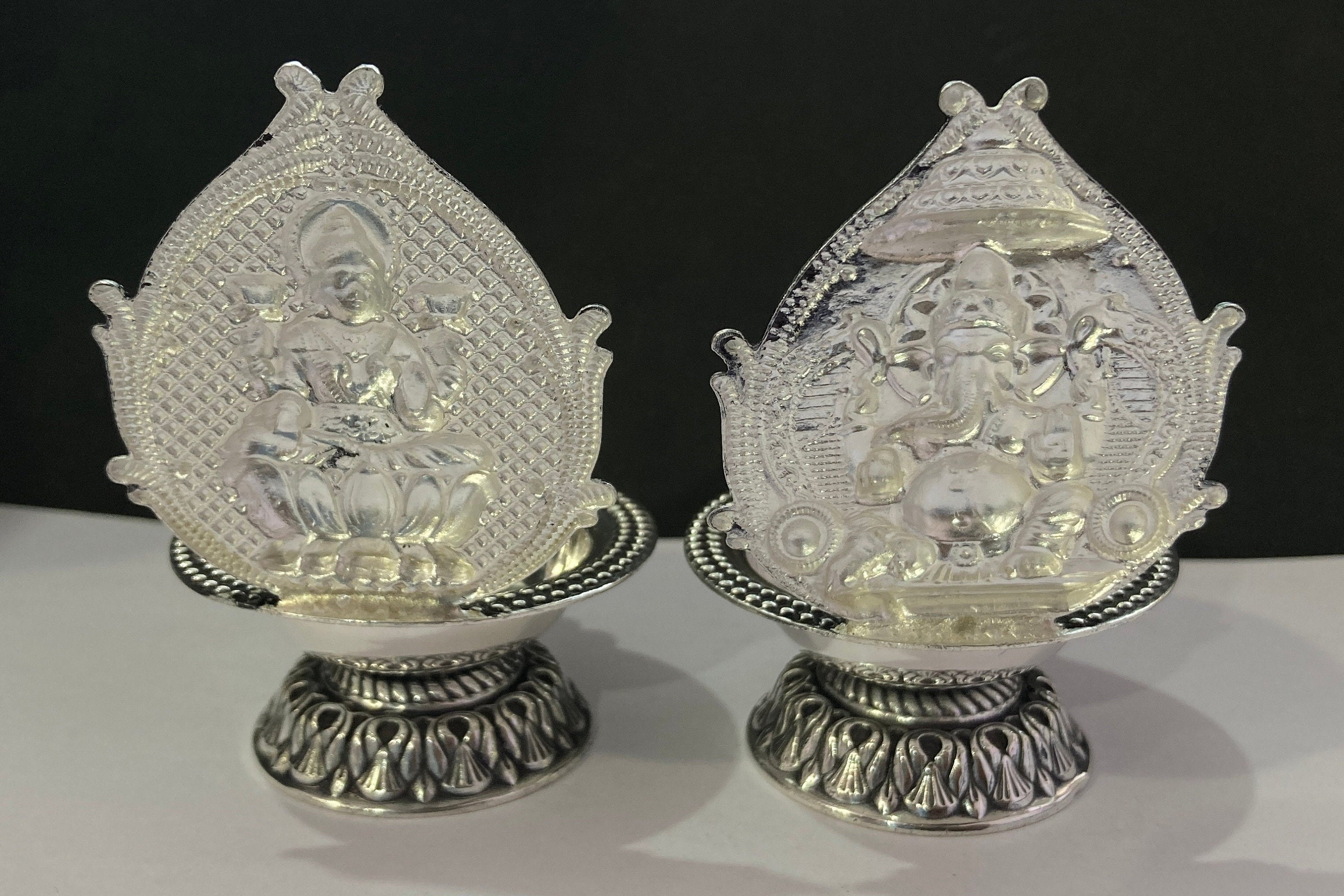 925 Sterling Silver Laxmi Ganesh Diya / Silver Antique Diya / Silver Deepam