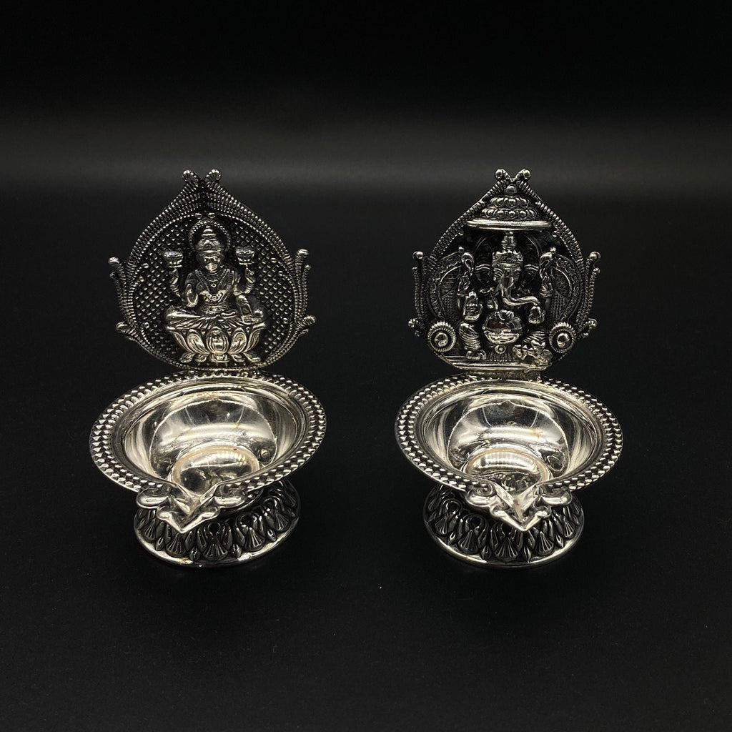 925 Sterling Silver Laxmi Ganesh Diya / Silver Antique Diya / Silver Deepam