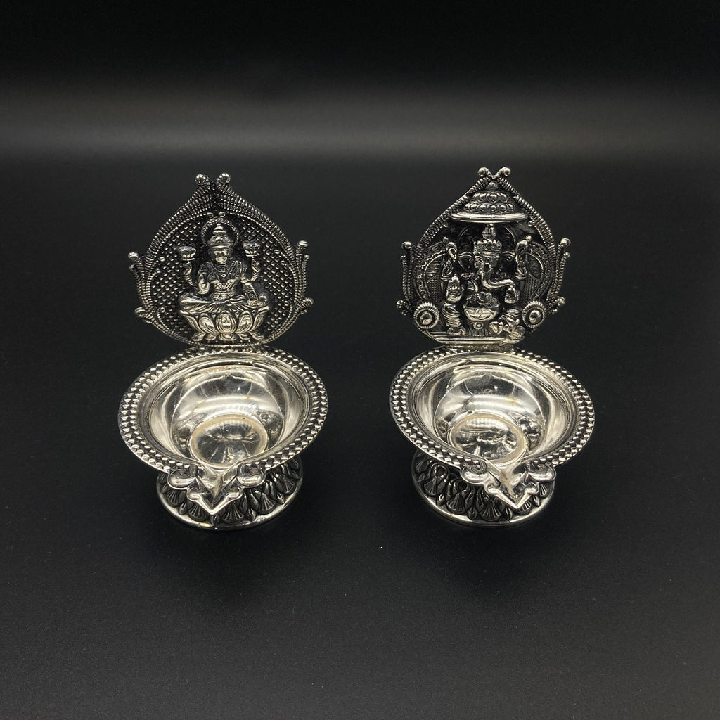 925 Sterling Silver Laxmi Ganesh Diya / Silver Antique Diya / Silver Deepam