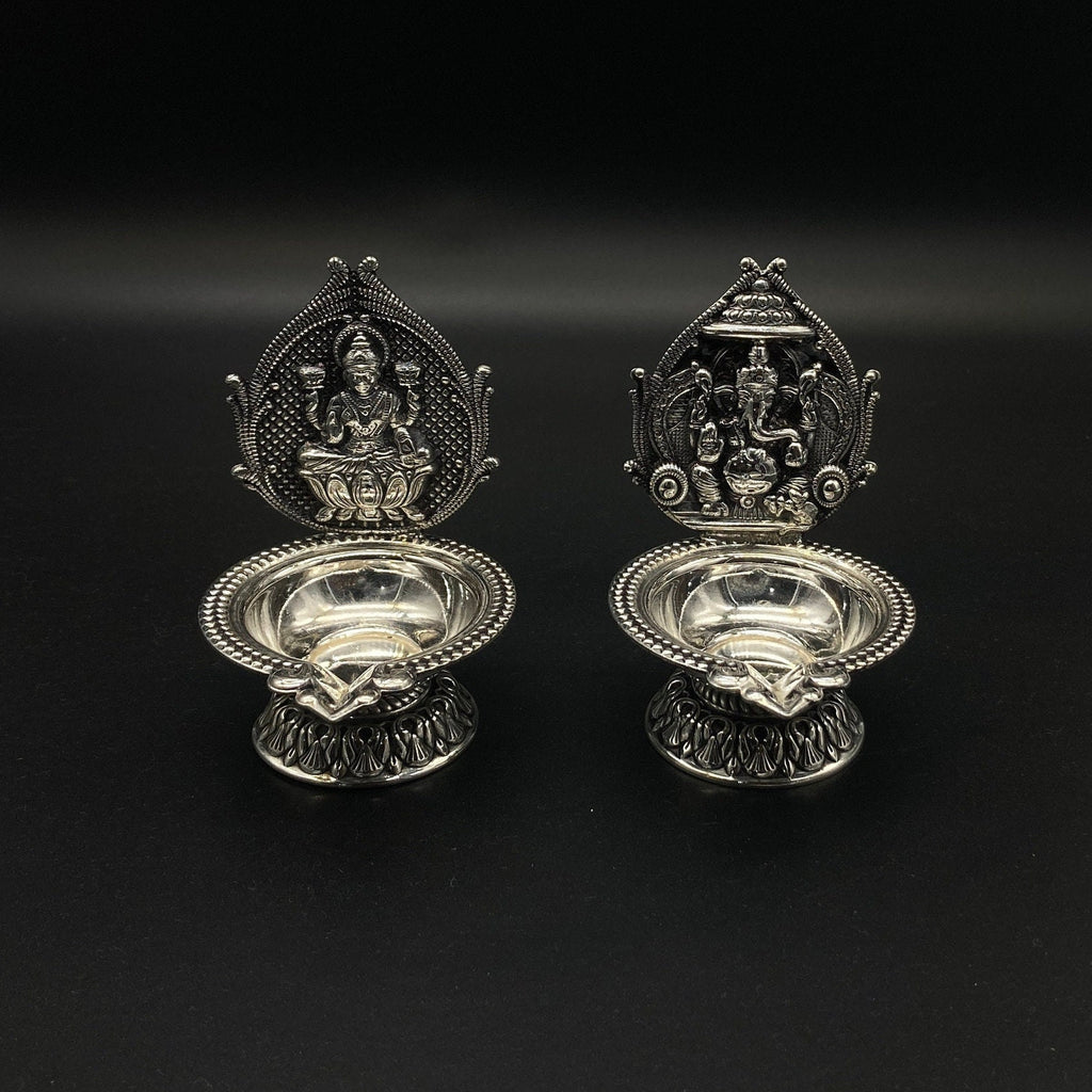 925 Sterling Silver Laxmi Ganesh Diya / Silver Antique Diya / Silver Deepam