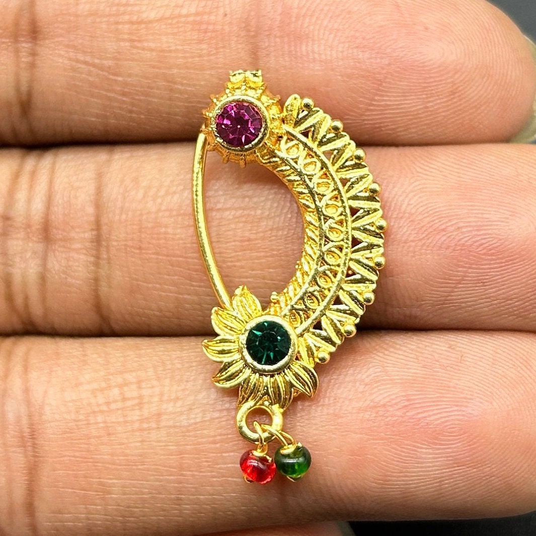 Marathi Nose pin, Clipon Marathi Nose Ring, Nathini, Red Stone Nath, Nose jewelry, Marathi Nose Ring