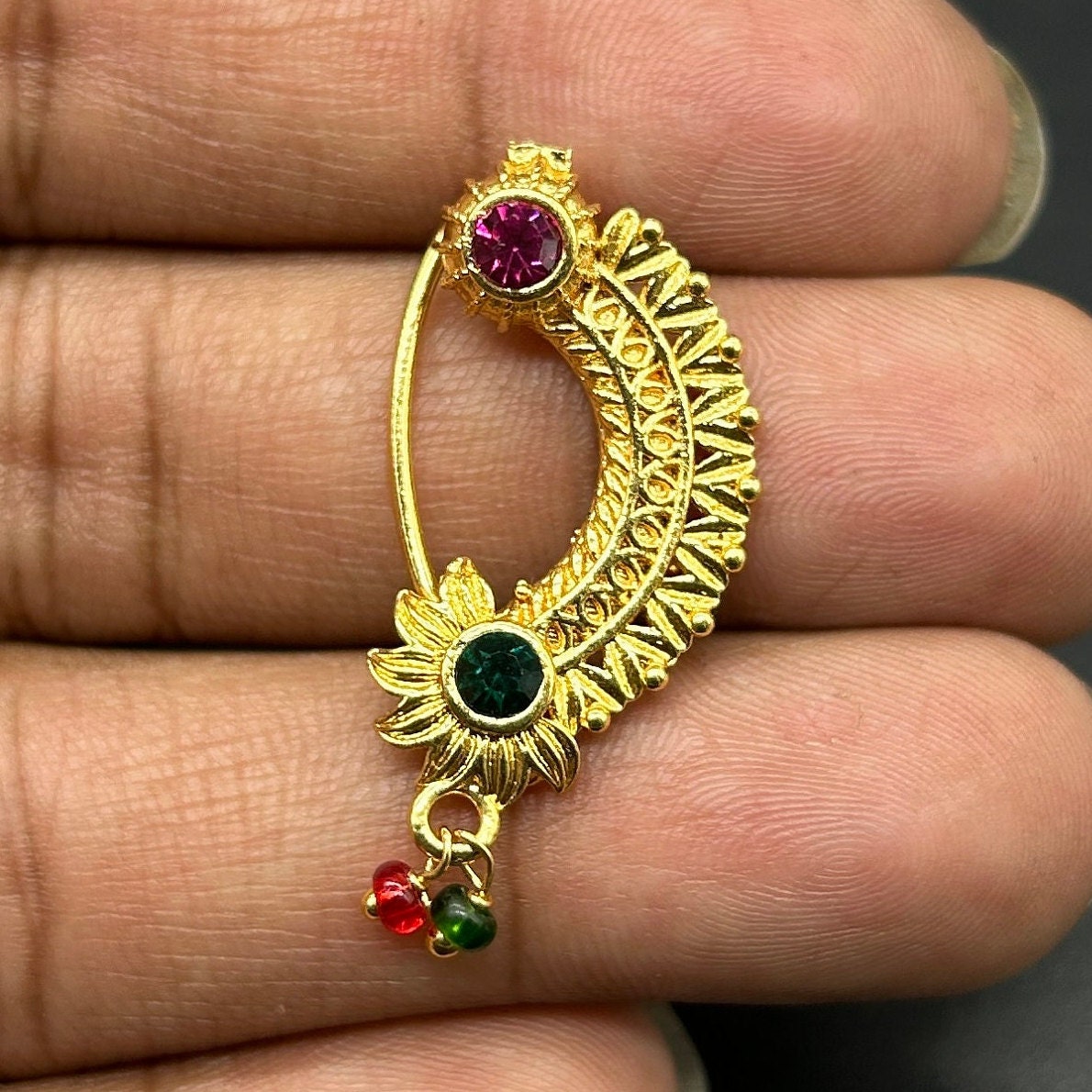 Marathi Nose pin, Clipon Marathi Nose Ring, Nathini, Red Stone Nath, Nose jewelry, Marathi Nose Ring