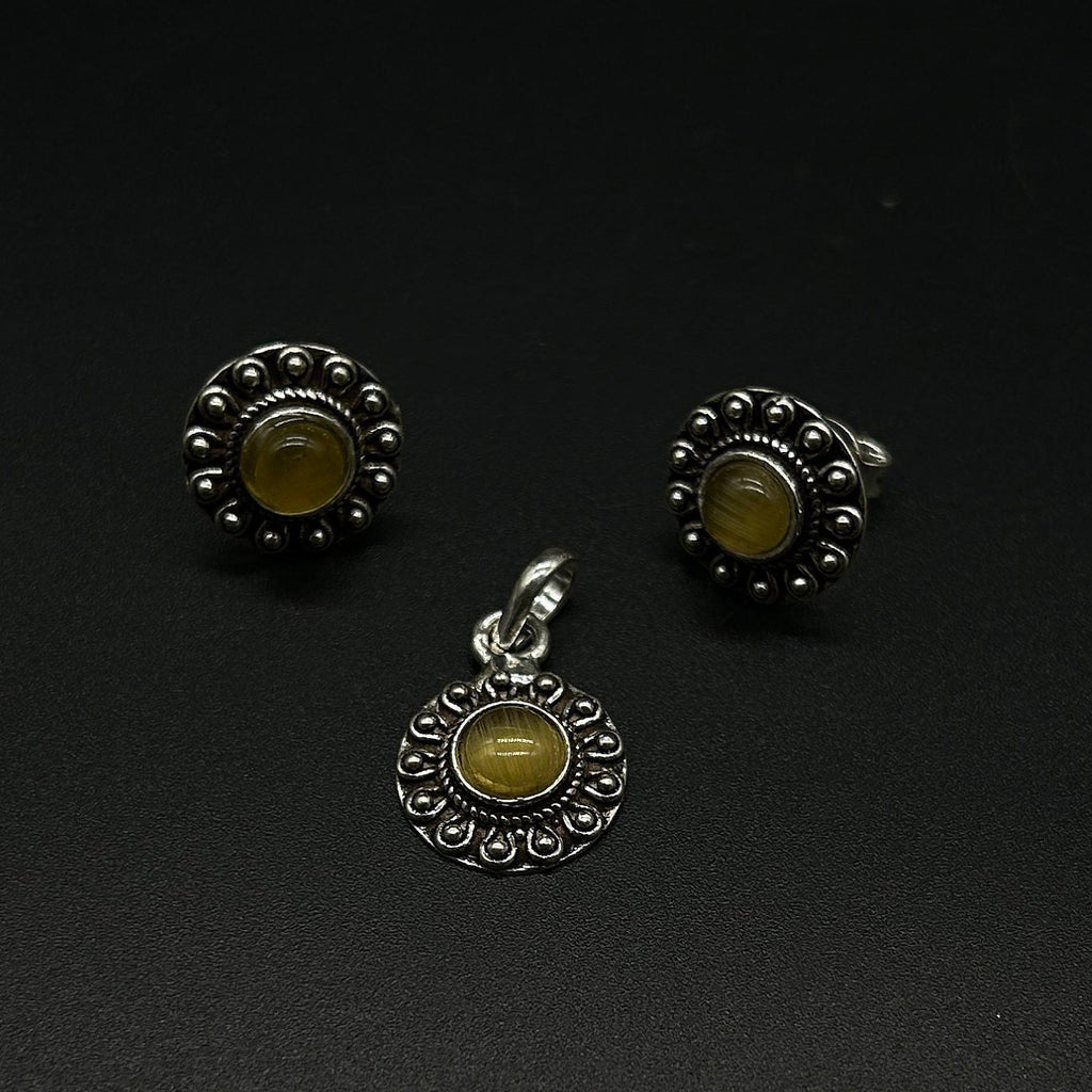 925 Sterling Silver Yellow Gemstone Pendant With Earing