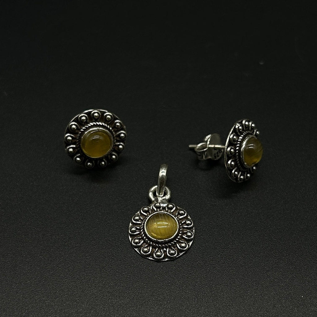 925 Sterling Silver Yellow Gemstone Pendant With Earing