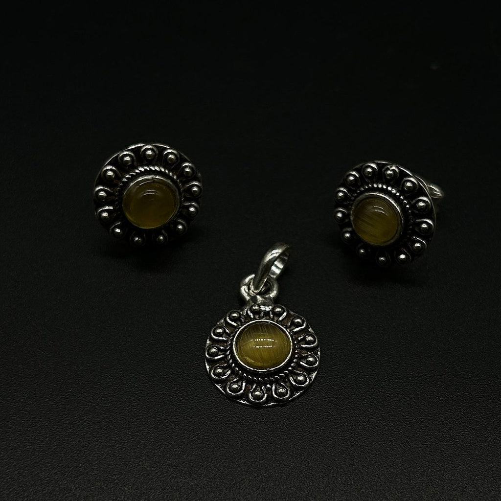925 Sterling Silver Yellow Gemstone Pendant With Earing
