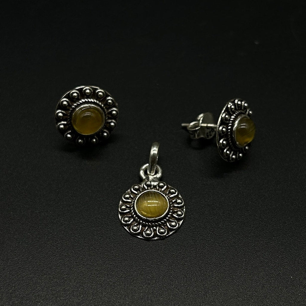 925 Sterling Silver Yellow Gemstone Pendant With Earing
