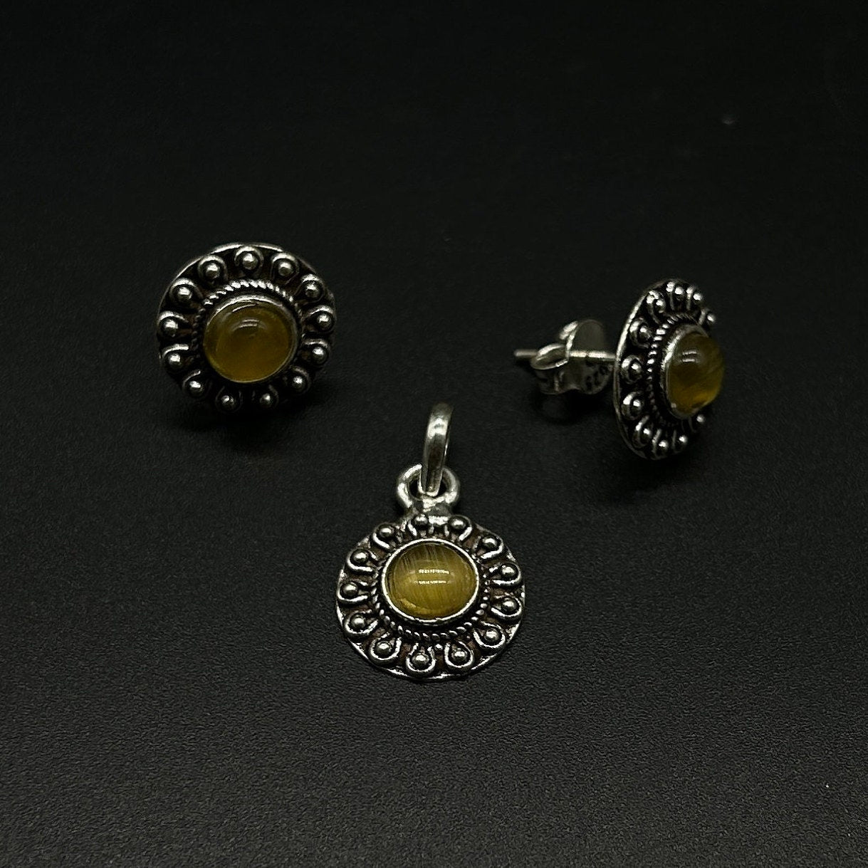 925 Sterling Silver Yellow Gemstone Pendant With Earing