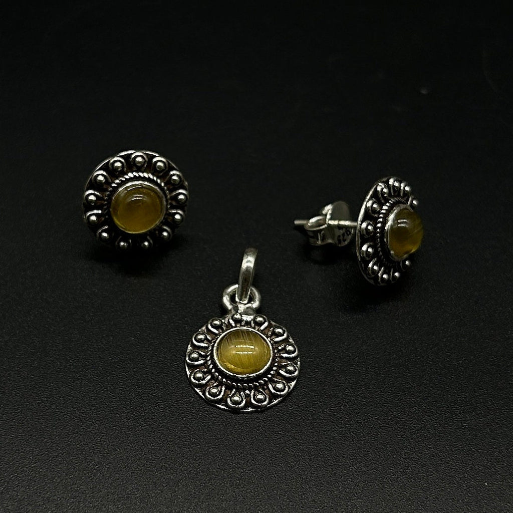 925 Sterling Silver Yellow Gemstone Pendant With Earing