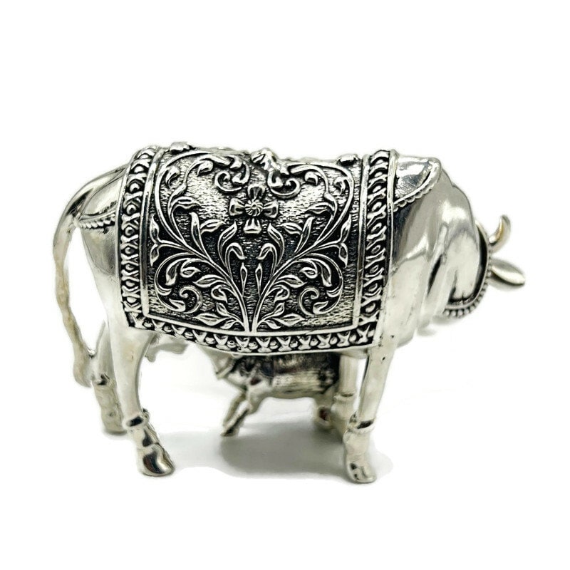 925 Sterling Silver Cow with Calf Idol / Silver Kamdhenu Cow and Calf