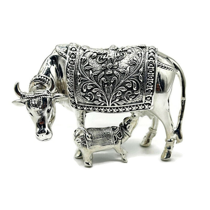 925 Sterling Silver Cow with Calf Idol / Silver Kamdhenu Cow and Calf