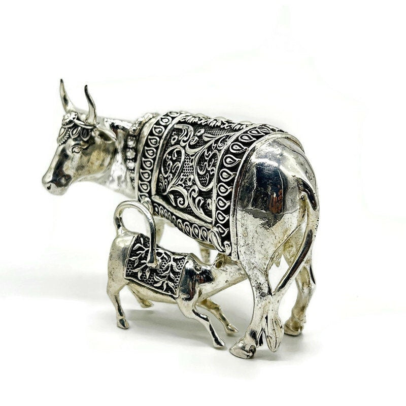 925 Sterling Silver Cow with Calf Idol / Kamdhenu Cow and Calf / Cow and calf idol for Home Decor and Decorative Gift Item
