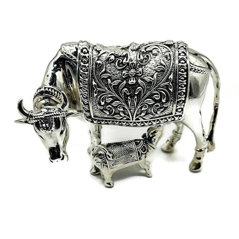 925 Sterling Silver Cow with Calf Idol / Silver Kamdhenu Cow and Calf