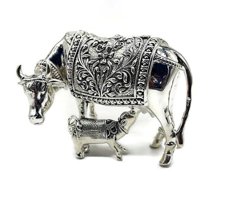 925 Sterling Silver Cow with Calf Idol / Silver Kamdhenu Cow and Calf