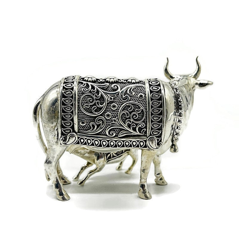 925 Sterling Silver Cow with Calf Idol / Kamdhenu Cow and Calf / Cow and calf idol for Home Decor and Decorative Gift Item