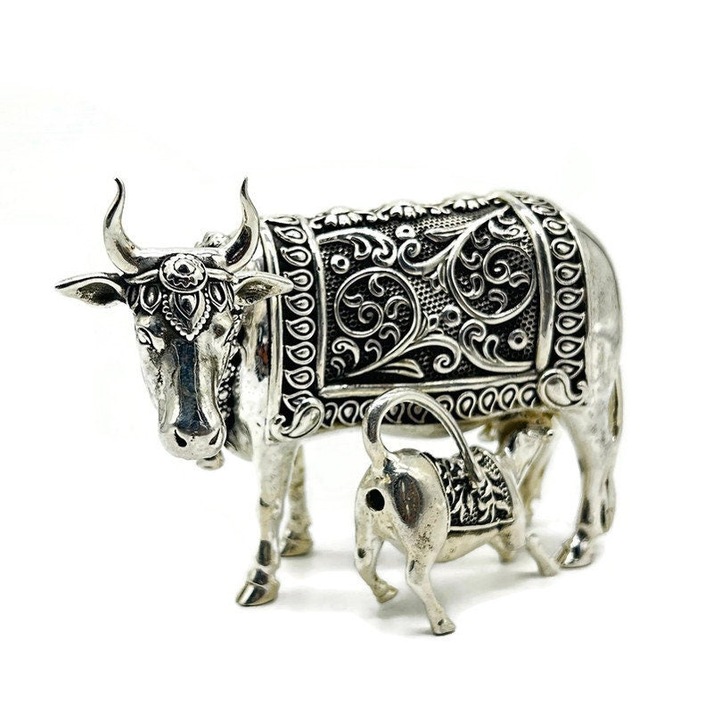 925 Sterling Silver Cow with Calf Idol / Kamdhenu Cow and Calf / Cow and calf idol for Home Decor and Decorative Gift Item