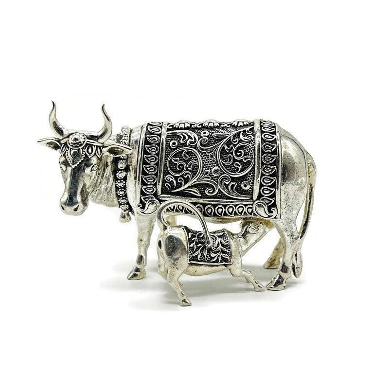 925 Sterling Silver Cow with Calf Idol / Kamdhenu Cow and Calf / Cow and calf idol for Home Decor and Decorative Gift Item