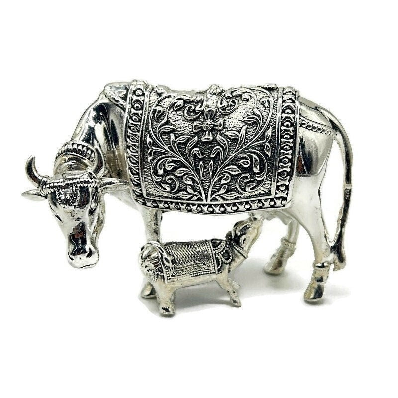 925 Sterling Silver Cow with Calf Idol / Silver Kamdhenu Cow and Calf