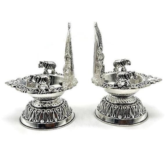 925 Sterling Silver Laxmi Diya / Silver Antique Diya / Silver Deepam
