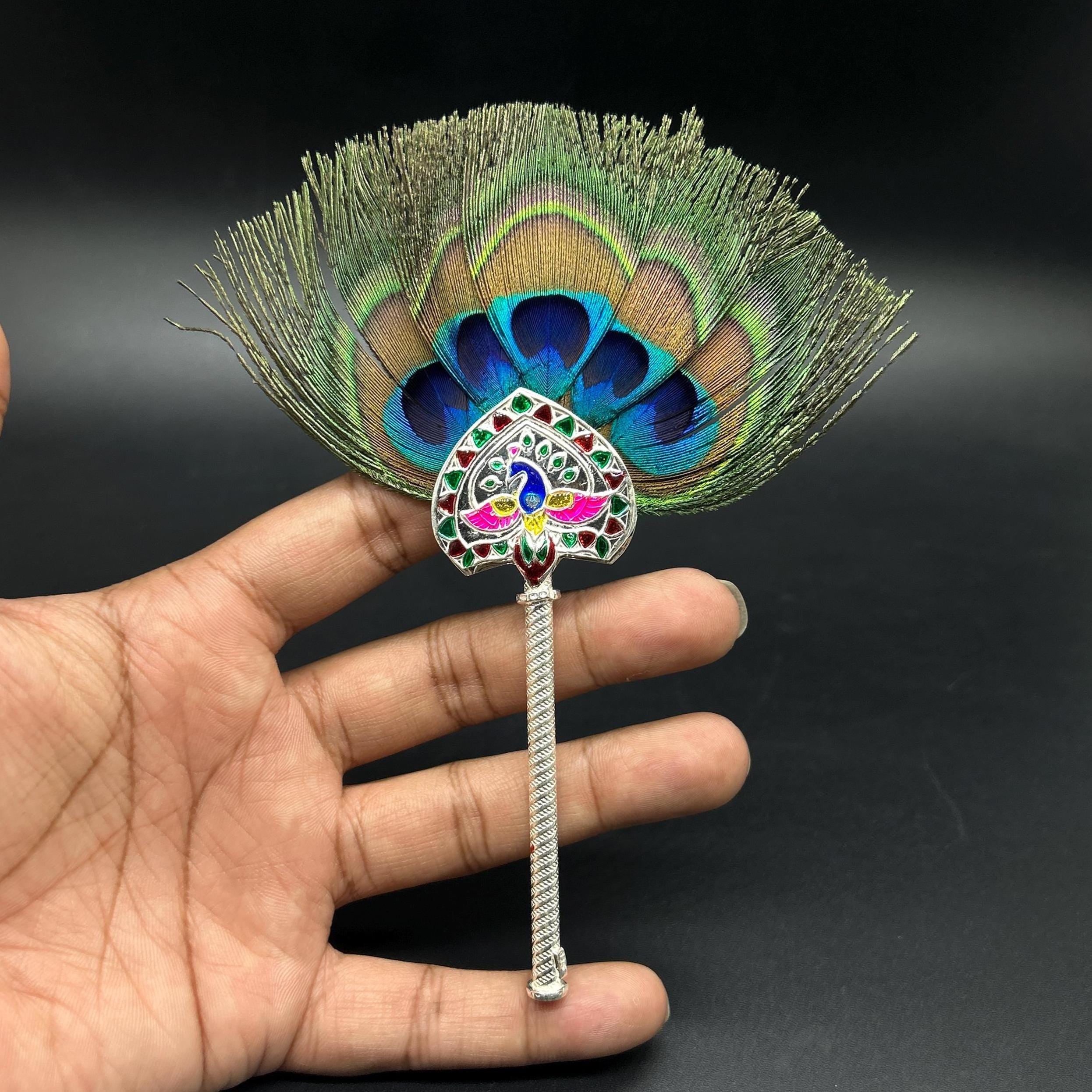 925 Sterling  Silver Mor Pankh Peacock Feather for Puja, Temple at Home