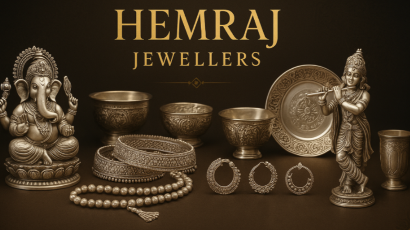 MAKE A DESIGN FOR HERO FOR SILVER ARTICALS LIKE HINDU GOD STATUE ,ANKLETS,BEADS,NOSE RING,SILVER UTINSILS FOR BRAND NAME IS HEMRAJ JEWELLERS IN GOLDEN COLOUR